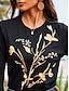 olcso Női pólók-Női Póló 100% pamut Virágos Nyomtatott Hétköznapi Hétvége Divat Alap Hosszú ujj Terített nyak Fekete Tavasz &amp; Ősz