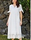 baratos vestidos lisos-Mulheres Vestido branco Renda Patchwork Decote V Vestido midi Elegante Clássico Diário Férias Manga Curta Verão Primavera