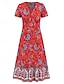 preiswerte Bedruckte Kleider-Damen Casual kleid A Linie Kleid Bedruckt V Ausschnitt Midikleid Urlaub Kurzarm Sommer