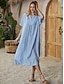 cheap Design Cotton &amp; Linen Dresses-Women&#039;s Smock Dress Midi Dress Cotton Linen Basic Casual Vacation V Neck Short Sleeve Summer Spring Blue
