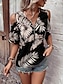 cheap Women&#039;s Blouses &amp; Shirts-Women&#039;s Shirt Blouse Leaves Casual Holiday Cut Out Print Quarter Zip Black Short Sleeve Fashion Streetwear V Neck Summer