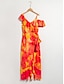 billige afslappet kjole med print-asymmetrisk midikjole med flæser og bindebånd foran