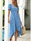 cheap Print Dresses-Women&#039;s Floral Ruffle Dress Blue Chiffon A Line Dress Midi Split Thigh V Neck Beach Vacation Sleeveless Summer
