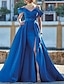 cheap Evening Dresses-A-Line Evening Gown Elegant Dress Formal Floor Length Short Sleeve Off Shoulder Satin with Slit 2024