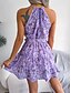 billige Elegante blomsterkjoler-Dame Mini kjole Hverdagskjole Swing Kjole Sommerkjole Gade Ferierejse Ferie Strand Regulær Blomstret Uden ærmer Halterhals Lyserød Blå Lilla Sommer