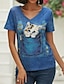 billiga T-shirts för damer-Dam T-shirt Katt 3D Mönster Dagligen Helgen Grundläggande Kortärmad V-hals Marinblå