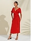 billiga ledig klänning-dam tencel linne orange röd v-ringad omlott midiklänning