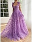 cheap Prom Dresses-A-Line Prom Dresses Princess Dress Prom Court Train Short Sleeve Strapless Tulle Backless with Floral Print Appliques 2024