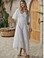 cheap Design Cotton &amp; Linen Dresses-Women&#039;s Casual Dress Maxi Dress Cotton Linen Lace Patchwork Vacation V Neck Half Sleeve Summer Spring Fall White