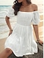 Χαμηλού Κόστους απλά φορέματα-Γυναικεία Λευκό φόρεμα Μίνι φόρεμα Βαμβάκι Εξώπλατο Ημερομηνία Διακοπές Κομψό στυλ street Γραμμή Α Ώμοι Έξω Κοντομάνικο Λευκό Χρώμα