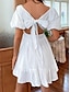 abordables vestidos sencillos-Mujer Vestido blanco Mini vestido Espalda al Aire Lazo Cita Vacaciones Ropa de calle Línea A Escote Cuadrado Manga Corta Negro Blanco Color