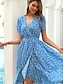 cheap Print Dresses-Women&#039;s Floral Ruffle Dress Blue Chiffon A Line Dress Midi Split Thigh V Neck Beach Vacation Sleeveless Summer