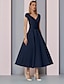 cheap Mother of the Bride Dresses-A-Line Mother of the Bride Dress Wedding Guest Elegant V Neck Tea Length Charmeuse Sleeveless with Ruching 2024