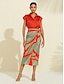 お買い得  女性のスカート-サテンカラーブロック 伸縮性ウエスト ミディスカート
