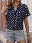 baratos Blusas e Camisas de mulher-Mulheres Camisa Social Blusa Geométrica Imprimir Casual Moda Manga Curta Decote V Azul Marinha Verão