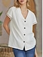 preiswerte Basic-Damenoberteile-Damen Hemd Bluse Weiße Ötenoberteile Bettwäsche aus Baumwolle Taste Casual Täglich Vintage solide Kurzarm Hemdkragen Weiß Sommer Frühling