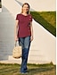 billiga Bastoppar för dam-Dam T-shirt Blus Bomull Slät Knapp Ledigt Elegant Vintage Mode Kortärmad Rund hals Rubinrött Sommar Vår