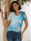 abordables T-shirts Femme-t-shirt basique fluo pour femme&amp;amp;hauts à manches courtes à imprimé abstrait lumineux, col en V, quotidien, week-end, jaune, bleu, or, bleu clair