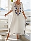 preiswerte schlichte Kleider-Damen Weißes Kleid kleid lang Bestickt Gespleisst Urlaub Strand Maxi Boho V Ausschnitt Halbe Ärmel Schwarz Weiß Farbe