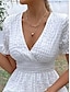 Χαμηλού Κόστους απλά φορέματα-Γυναικεία Λευκό φόρεμα Μακρύ Φόρεμα Μάξι Φόρεμα Κουρελού Κουμπί Δουλειά Ημερομηνία Παραλία Χαβανέζα Μπόχο Λαιμόκοψη V Κοντομάνικο Φουσκωτό Μανίκι Λευκό Χρώμα