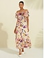 billige afslappet kjole med print-satin resort sød midikjole med flæseprint