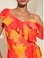billige afslappet kjole med print-asymmetrisk midikjole med flæser og bindebånd foran