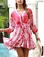 cheap Print Dresses-Women&#039;s Swing Dress Plaid Ruched V Neck Mini Dress Bohemia 3/4 Length Sleeve Summer