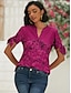 baratos T-Shirts de mulher-Mulheres Camiseta Camisa Henley Floral Botão Com Corte Imprimir Casual Feriado Moda Manga Curta Decote V Rosa Primavera Verão
