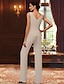 cheap Mother of the Bride Pantsuits-Jumpsuit / Pantsuit 3 Piece Mother of the Bride Dress Formal Wedding Guest Elegant Luxurious V Neck Floor Length Chiffon Lace Sleeveless Wrap Included with Beading Sequin 2024