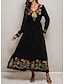 cheap Print Dresses-Women&#039;s Black Dress Floral Vintage Embroidered V Neck Maxi Dress Bohemia Vatcation A Line Long Sleeve Loose Fit Summer Spring