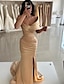 tanie Sukienki studniówkowe-Syrena Suknie balowe Elegancja Sukienka Formalny Studniówka Sięgająca podłoża Bez rękawów Z odsłoniętymi ramionami Satyna z Z marszczeniami Rozcięciem 2024