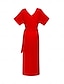 olcso alkalmi ruha-női tencel lenvászon narancssárga piros v nyakú ráncolt wrap midi ruha