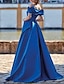 cheap Evening Dresses-A-Line Evening Gown Elegant Dress Formal Floor Length Short Sleeve Off Shoulder Satin with Slit 2024
