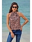 abordables Camisetas de mujer-Mujer Tops de verano Leopardo Sin Mangas Cuello halter Caqui Primavera verano