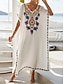 preiswerte schlichte Kleider-Damen Weißes Kleid kleid lang Bestickt Gespleisst Urlaub Strand Maxi Boho V Ausschnitt Halbe Ärmel Schwarz Weiß Farbe