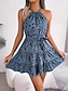 cheap Print Dresses-Women&#039;s Chiffon Casual Dress Ruffle Print Halter Neck Mini Dress Vacation Beach Sleeveless Summer