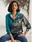 cheap Women&#039;s Blouses &amp; Shirts-Women&#039;s Shirt Blouse Feather Casual Button Print Green Long Sleeve Basic Neon &amp; Bright Shirt Collar Spring Fall