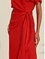 billige afslappet kjole-kvinders tencel hør orange rød v-hals rynket omslag midikjole