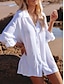 billige ensfargede kjoler-Dame Hvit kjole Mini kjole Chiffon Knapp Feriereise Strand Hawaiisk Skjortekrage Langermet Svart Hvit Farge