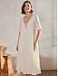 Χαμηλού Κόστους σχέδιο βαμβακερά &amp; λινά φορέματα-Γυναικεία Φόρεμα ριχτό από τη μέση και κάτω Μίντι φόρεμα Βαμβακερά λευκά είδη Κουρελού Τσέπη Βασικό Καθημερινά Λαιμόκοψη V Μισό μανίκι Καλοκαίρι Άνοιξη Φθινόπωρο Λευκό