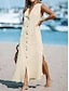 Χαμηλού Κόστους σχέδιο βαμβακερά &amp; λινά φορέματα-Γυναικεία Καθημερινό φόρεμα Βαμβακερό καλοκαιρινό φόρεμα Μακρύ φόρεμα Λινό Κουμπί Τσέπη Βασικό Καθημερινά Λαιμόκοψη V Αμάνικο Καλοκαίρι Άνοιξη Μαύρο Βαθυγάλαζο Σκέτο