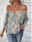 billige Bluser og trøjer til kvinder-Dame Skjorte Boho skjorte Bluse Paisley Afslappet Ferie Trykt mønster Blå Kortærmet Mode Boheme Skulderfri Sommer