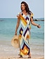 cheap Print Dresses-Women&#039;s Casual Dress Geometric Color Block Split Print V Neck Long Dress Maxi Dress Vacation Short Sleeve Summer