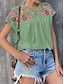 preiswerte Blusen und Hemden für Damen-Damen Hemd Bluse Blumen mit Schnürung Bestickt Casual Modisch Boho Kurzarm Rundhalsausschnitt Schwarz Sommer