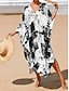 Χαμηλού Κόστους Print Φορέματα-Γυναικεία Που καλύπτει Γραφική Φύλλο Στάμπα Λαιμόκοψη V Μακρύ Φόρεμα Μάξι Φόρεμα Χαβανέζα Διακοπές Παραλία 3/4 Μήκος Μανικιού Καλοκαίρι