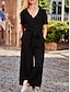 abordables combinaison de vacances-Femme Normal Combinaison Vêtement de rue Couleur unie Manche Courte Col V Lacet Poche Plein Air du quotidien Standard Noir Fuchsia Kaki Eté
