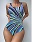 cheap One-piece swimsuits-Women&#039;s Normal Swimwear One Piece Monokini Bathing Suits Swimsuit Open Back Printing High Waisted Striped Scoop Neck Sports Fashion Bathing Suits