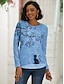 preiswerte T-Shirts für Damen-Damen T Shirt Katze Vogel Party Wochenende Bedruckt Blau Langarm Fest / Feiertage Rundhalsausschnitt Frühling &amp; Herbst
