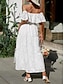 abordables Vestidos de encaje blanco-Mujer Vestido blanco vestido largo vestido largo Gasa Encaje Volante Cita Vacaciones Ropa de calle Línea A Hombros Caídos Manga Corta Negro Blanco Rosa Color