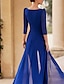 cheap Mother of the Bride Dresses-Jumpsuit / Pantsuit Mother of the Bride Dress Formal Wedding Guest blue Elegant Vintage Straight Neckline V Neck Floor Length Chiffon 3/4 Length Sleeve with Ruched Cascading Ruffles 2024